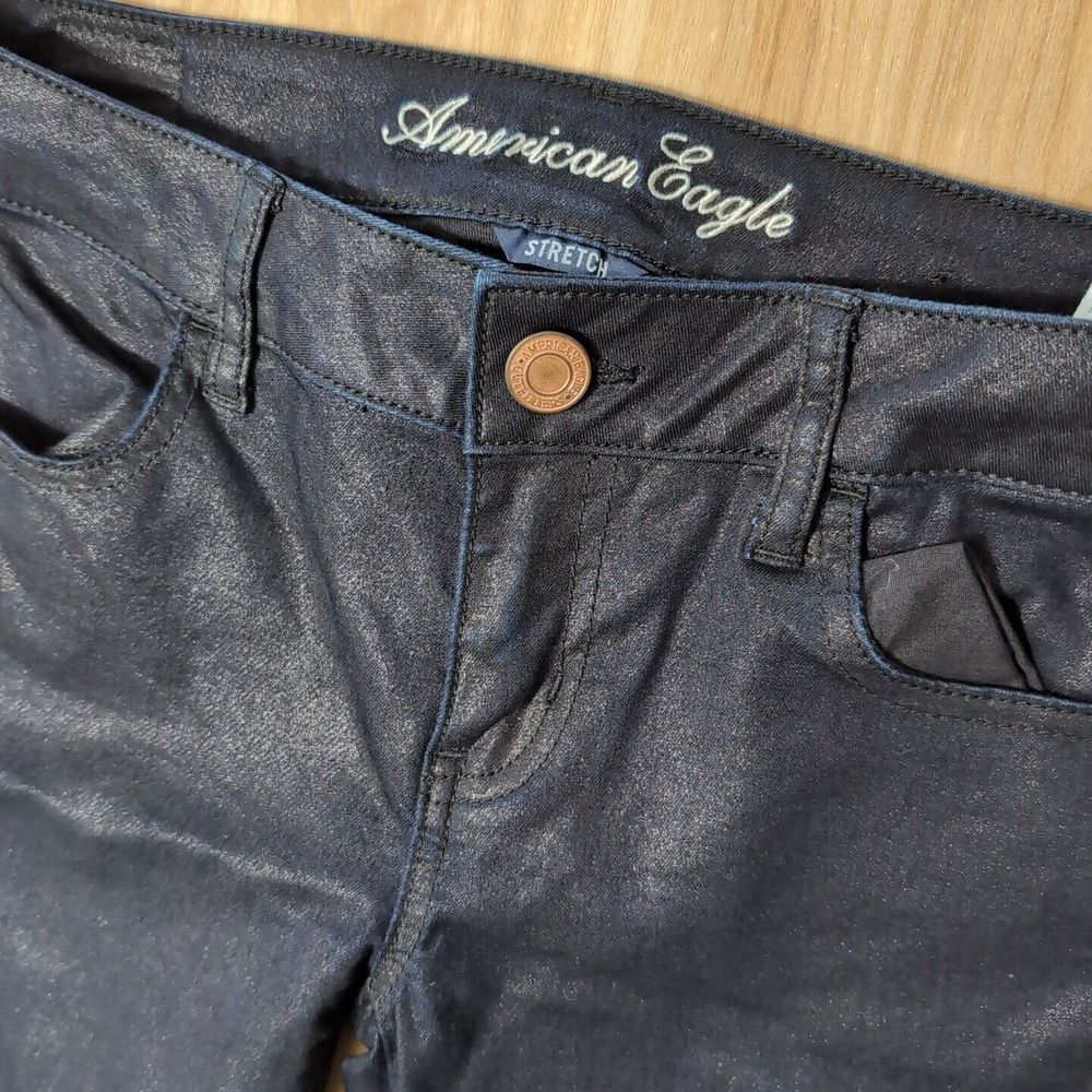 American Eagle Metallic Blue Shiny Jegging Women's 4 29x29 Stretch 5 In Leg Open
